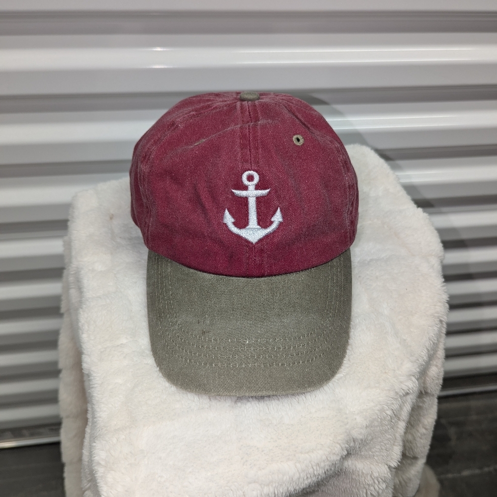 Red Beige Anchor Nautical Adjustable Ball Cap Hat Preppy